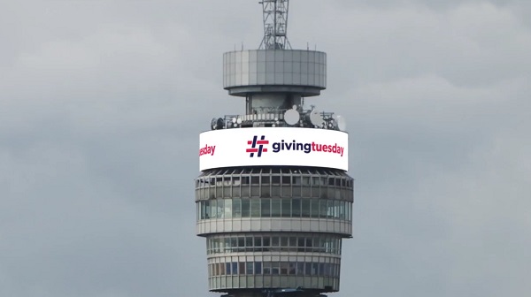 BT image from the London BT Tower scrolling #GivingTuesday video