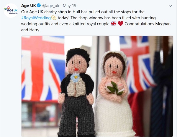 Age UK tweet showing a knitted Harry and Meghan.