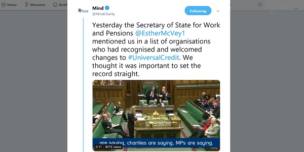 Mind tweet showing video of Erther McVey arguing for Universal Credit in the House of Commons.
