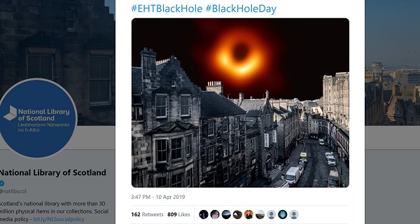 screenshot of National Library of Scotland's tweet showing the black hole over the Edinburgh skyline
