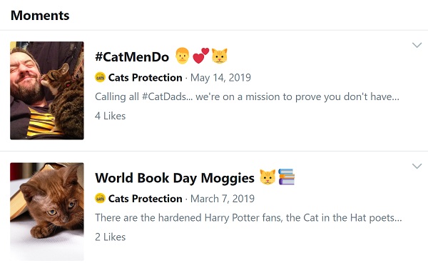 Screenshot of 2 Cats Protection Moments with a small number of Likes