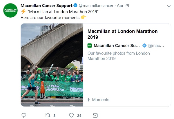 screenshot of Macmillan Cancer's tweet sharing their Moment of the London Marathon