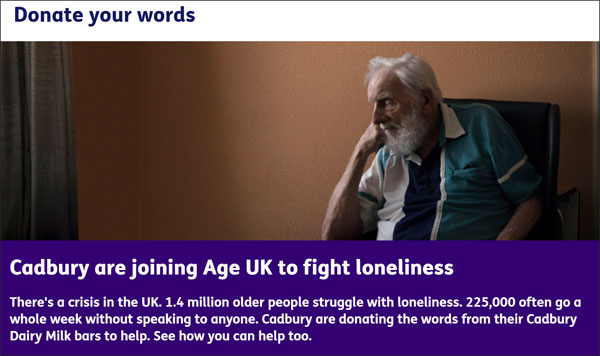 Screenshot from Age UK's website. Older man sits alone. White writing on a purple (cadbury coloured) background say Cadbury are joining Age UK to fight loneliness
