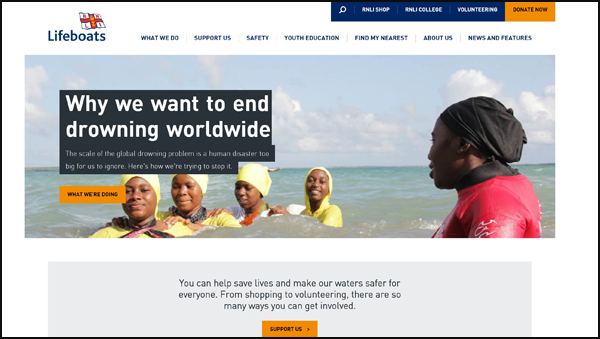 RNLI changed their homepage to include a striking image from one of their overseas projects