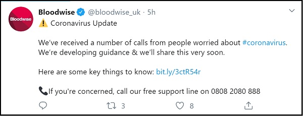 Tweet from Bloodwise UK. Very clear layout. Hashtags and signposting to sources of help.